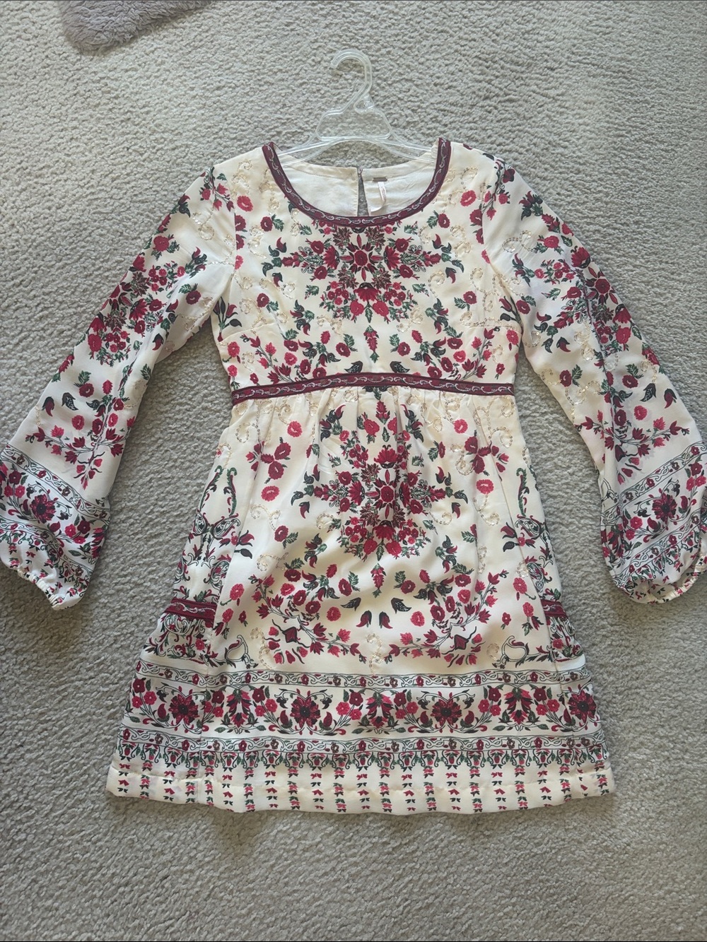 Free People Embroidered & Beaded Cream Dress with Red Floral Print